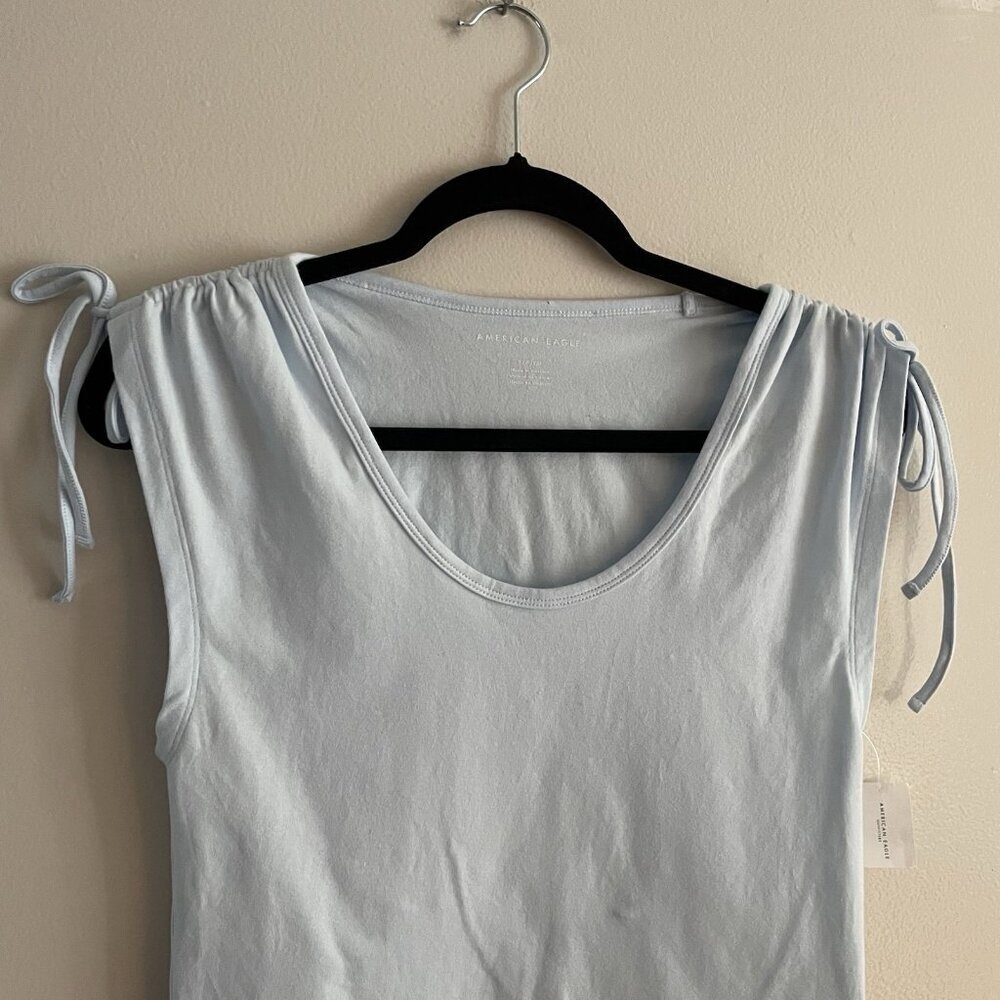 American Eagle Women S Light Blue Y2K Scoop Neck Cropped Cinch Shoulder Tee NWT - Picture 5 of 11